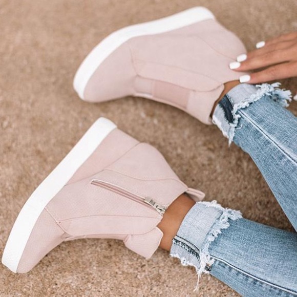 Blush pink perforated vegan suede side zip sneaker wedges 6 8.5 9 - Picture 5 of 8